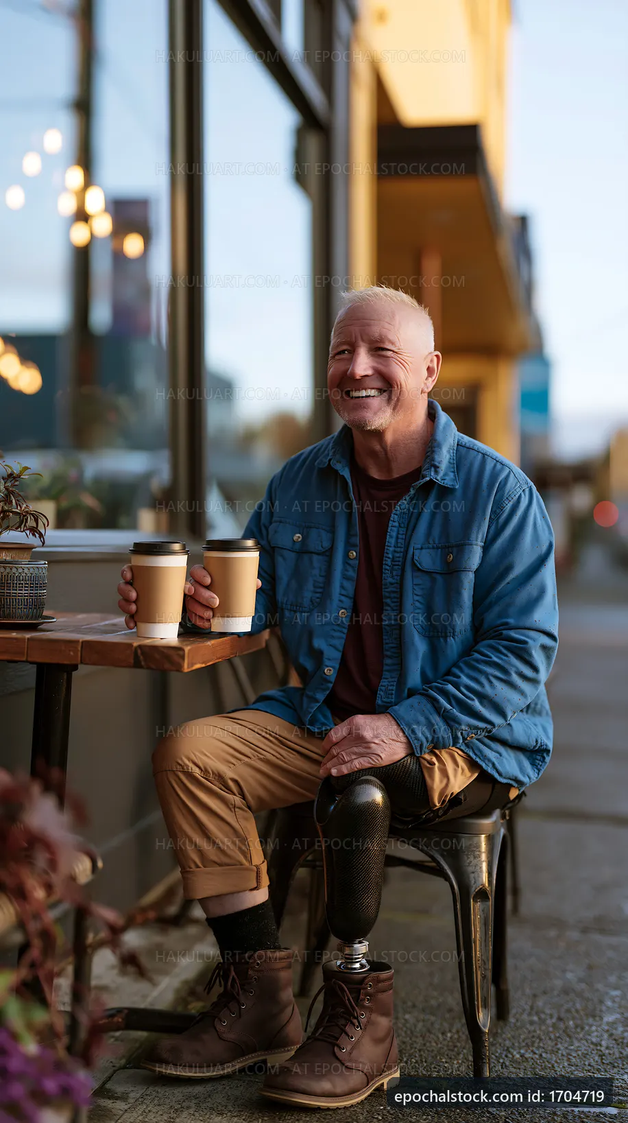 Smiling man with prosthetic leg holding coffee cups outside café