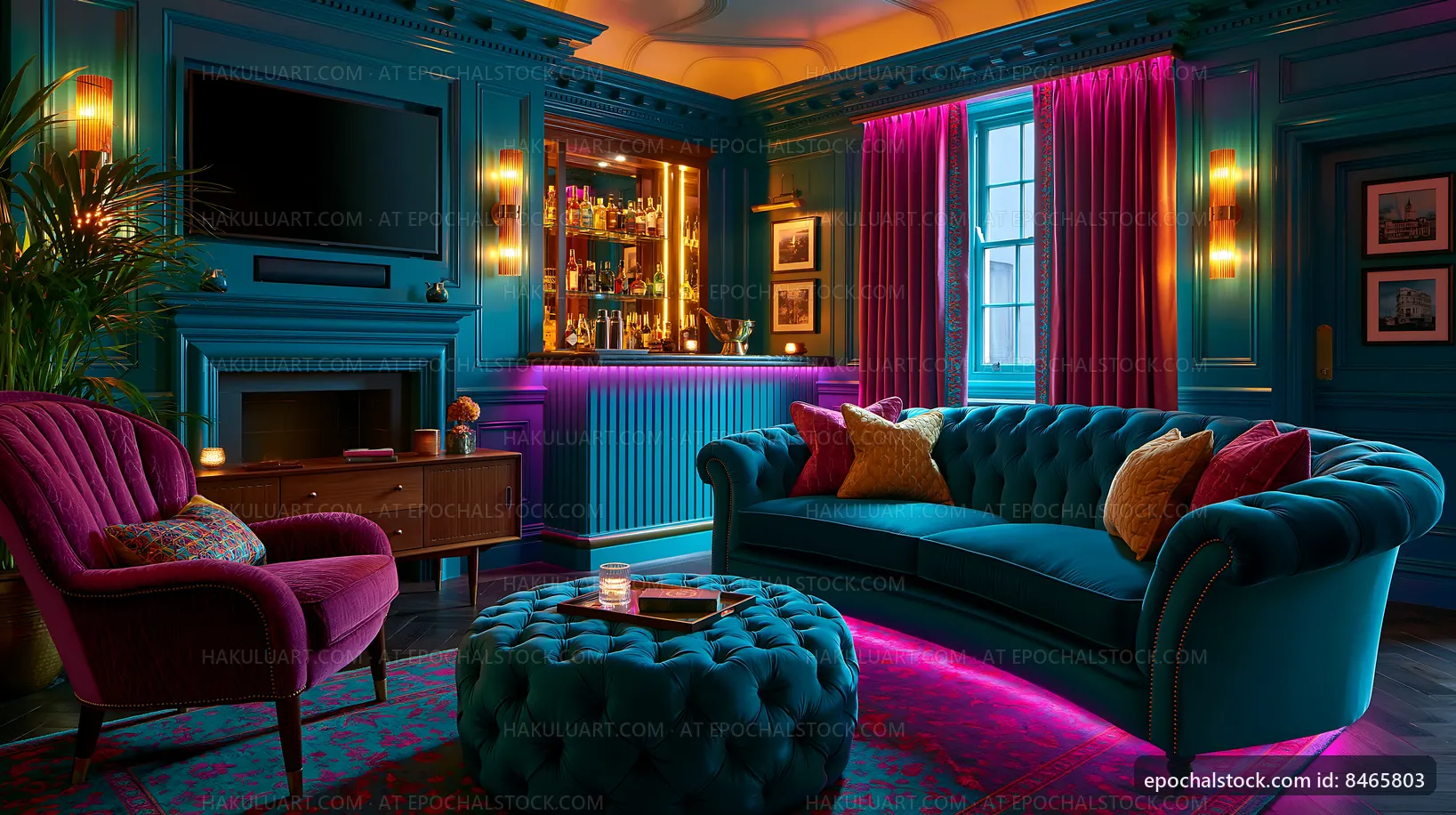 Cozy living room with vibrant decor and ambient lighting
