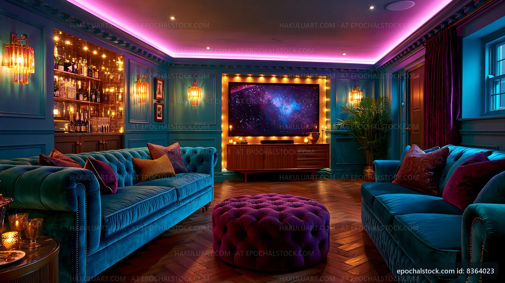 Modern living room with blue walls and vibrant lighting
