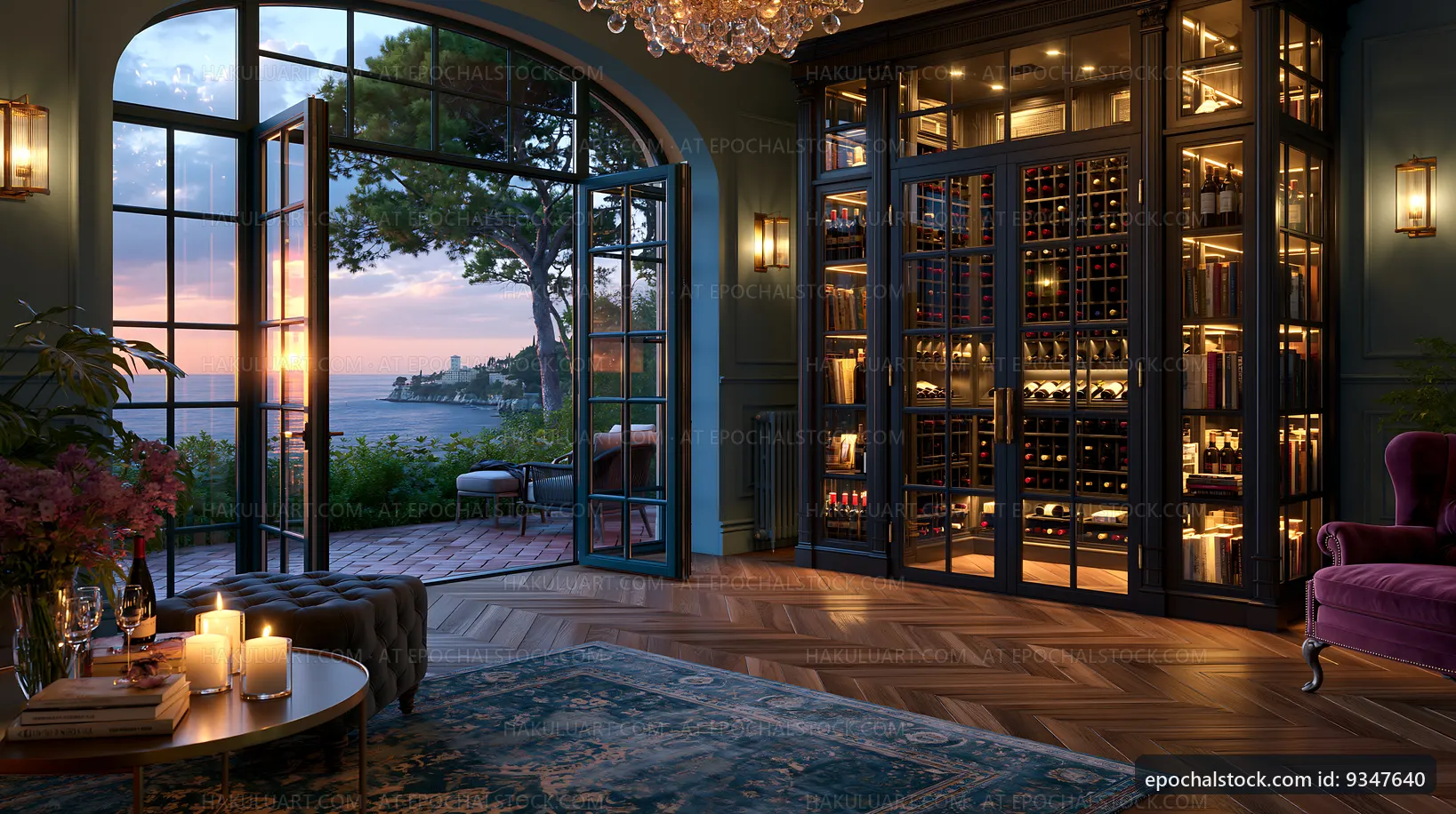 Elegant living room with wine storage near the coast