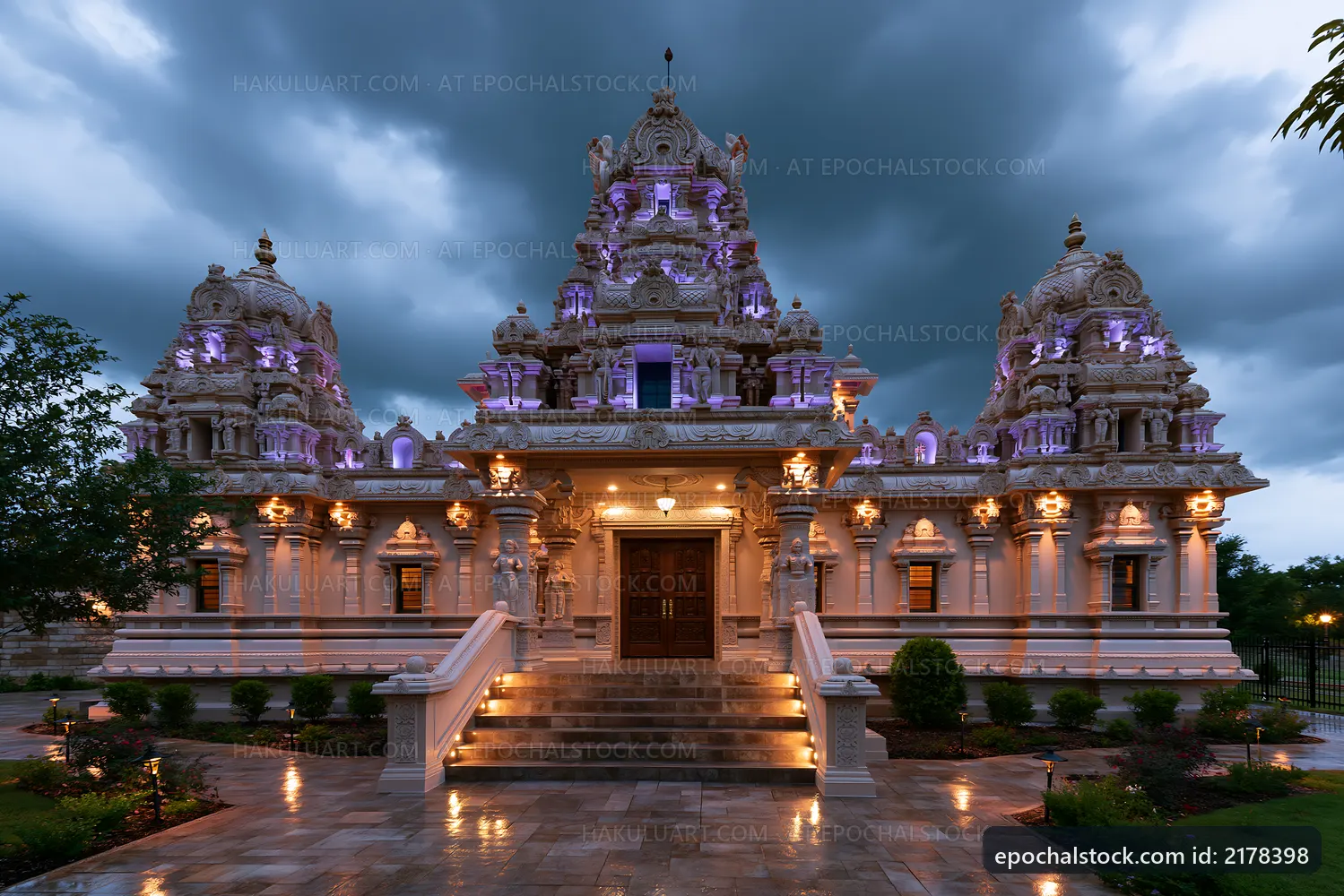 Beautiful temple building with detailed architecture at dusk