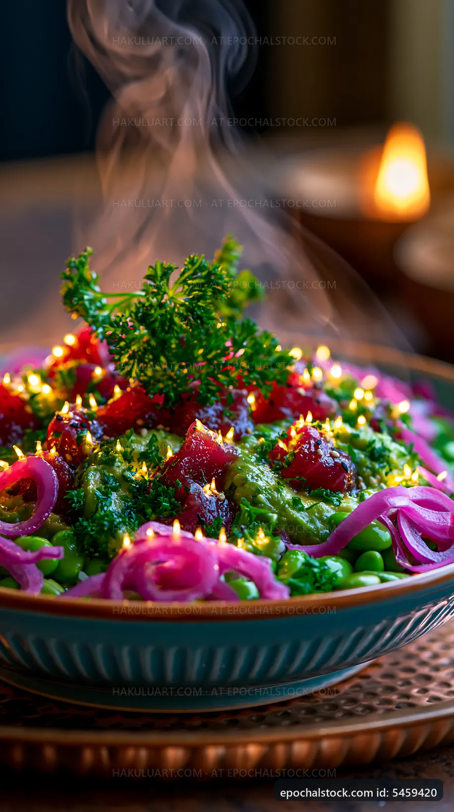 Colorful dish with herbs and vegetables on a table