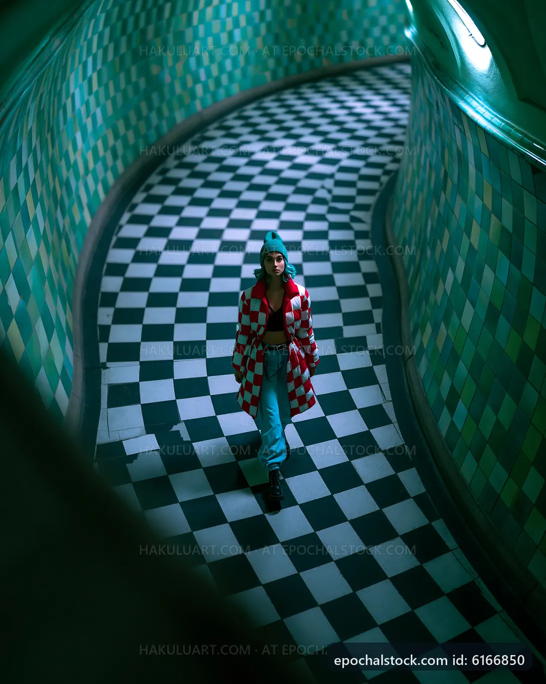 Person walking in patterned corridor with colorful tiles