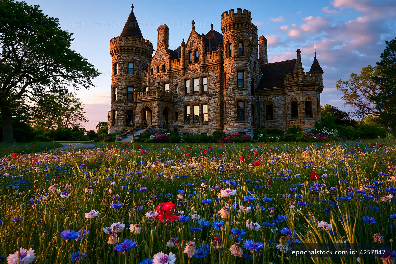 Castle surrounded by colorful flowers at sunset