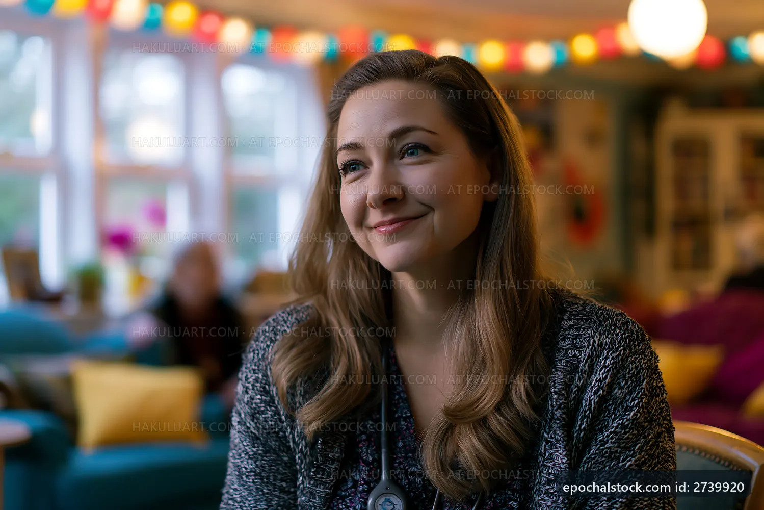 Woman smiling in cozy cafe with colorful lights