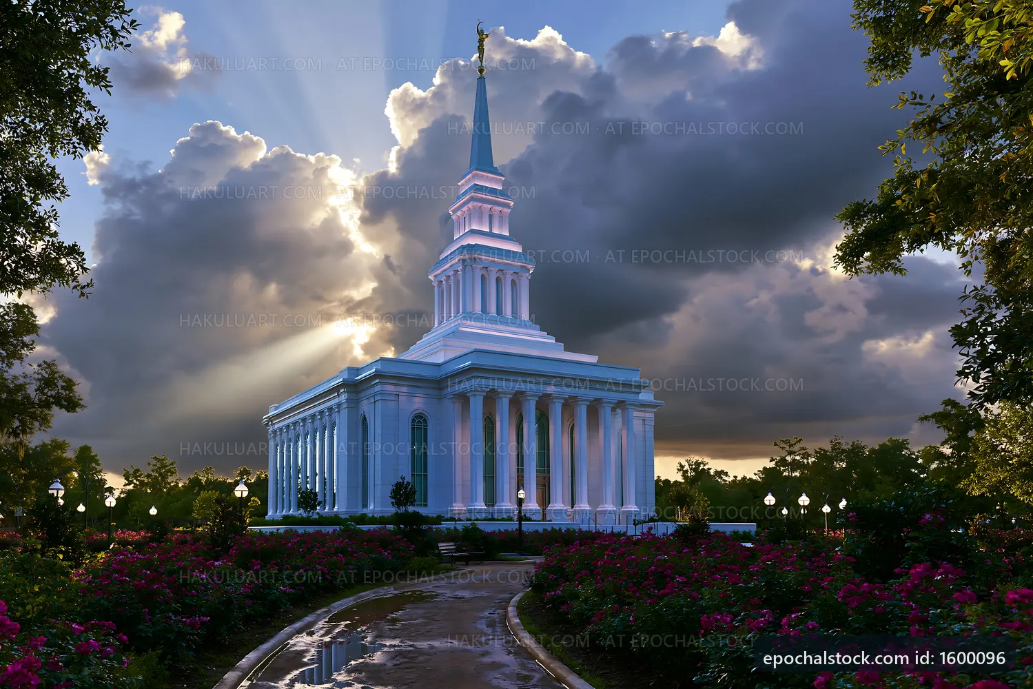 Shining temple with clouds and garden path at sunset