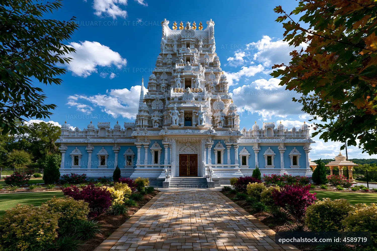 Hindu temple with intricate design and blue exterior