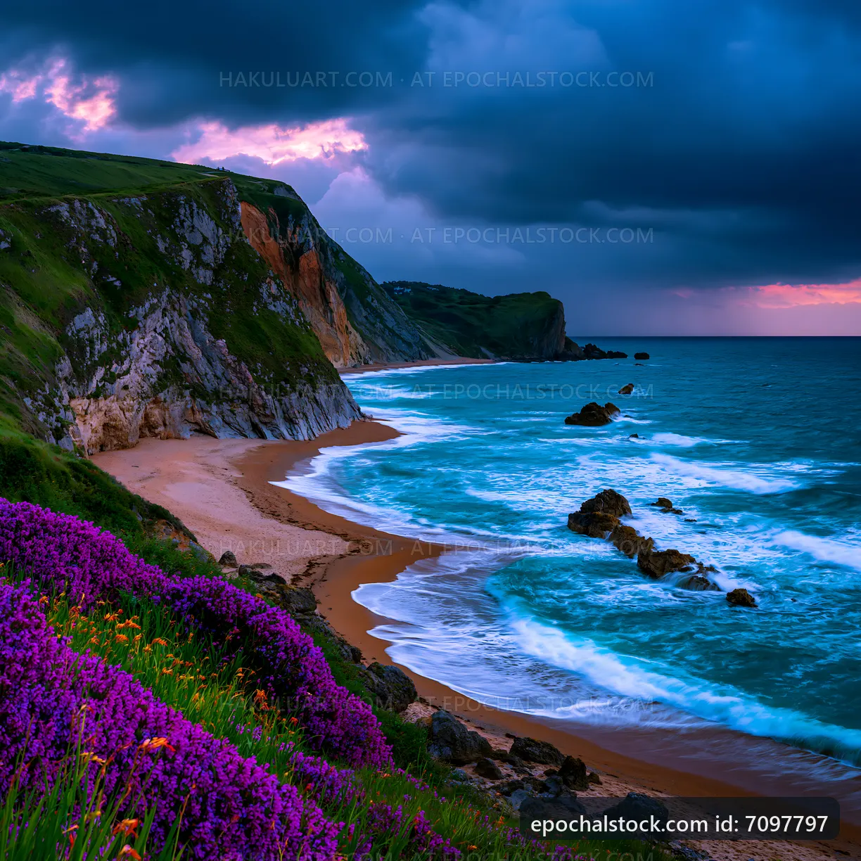 Coastal view with purple flowers and rocky shore at sunset