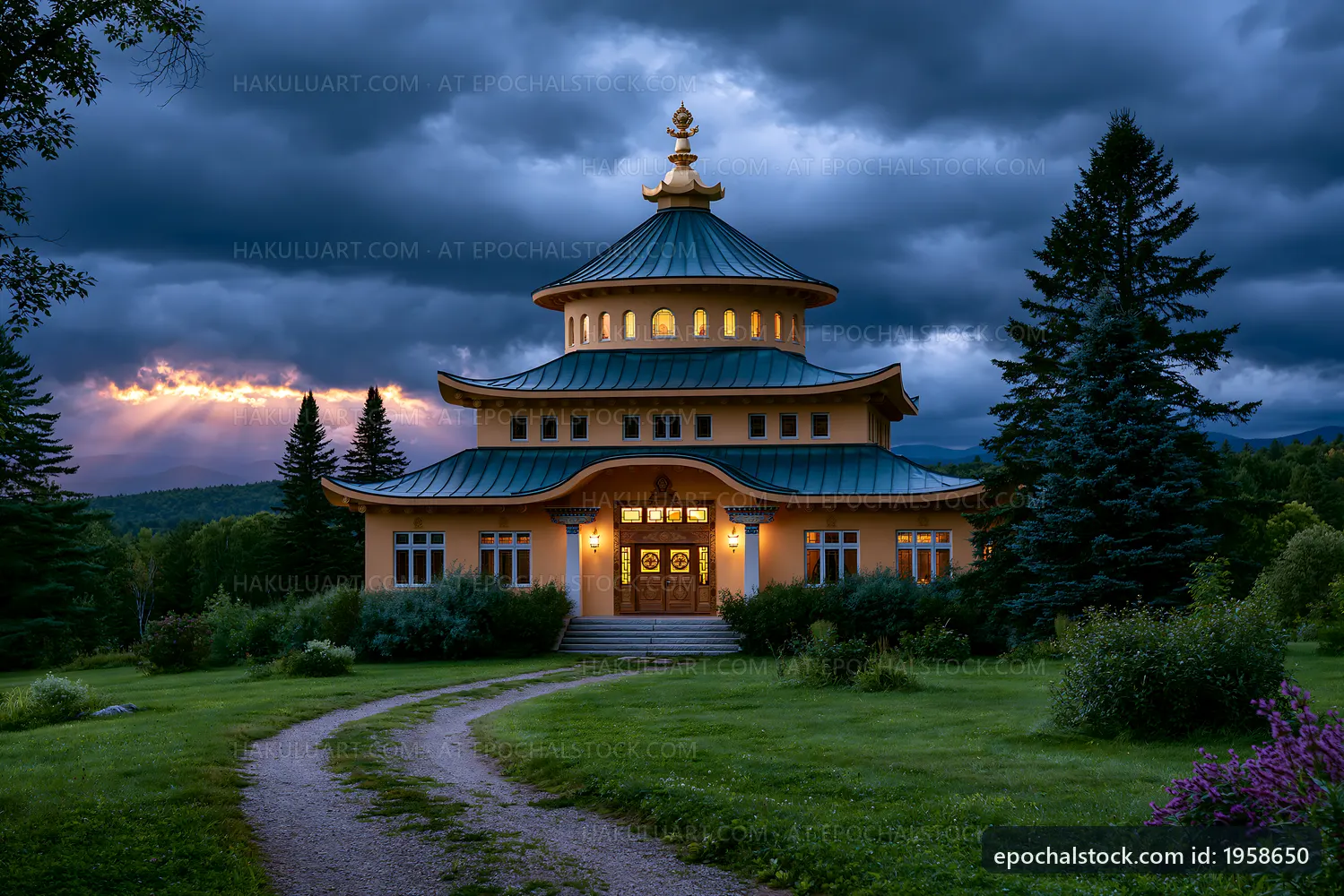 Buddhist temple with golden roof and dark stormy sky