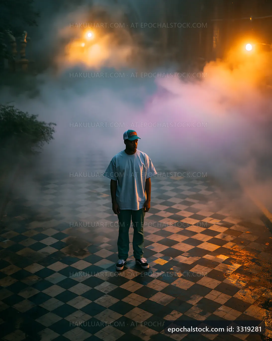 Person standing on checkered floor surrounded by fog at night