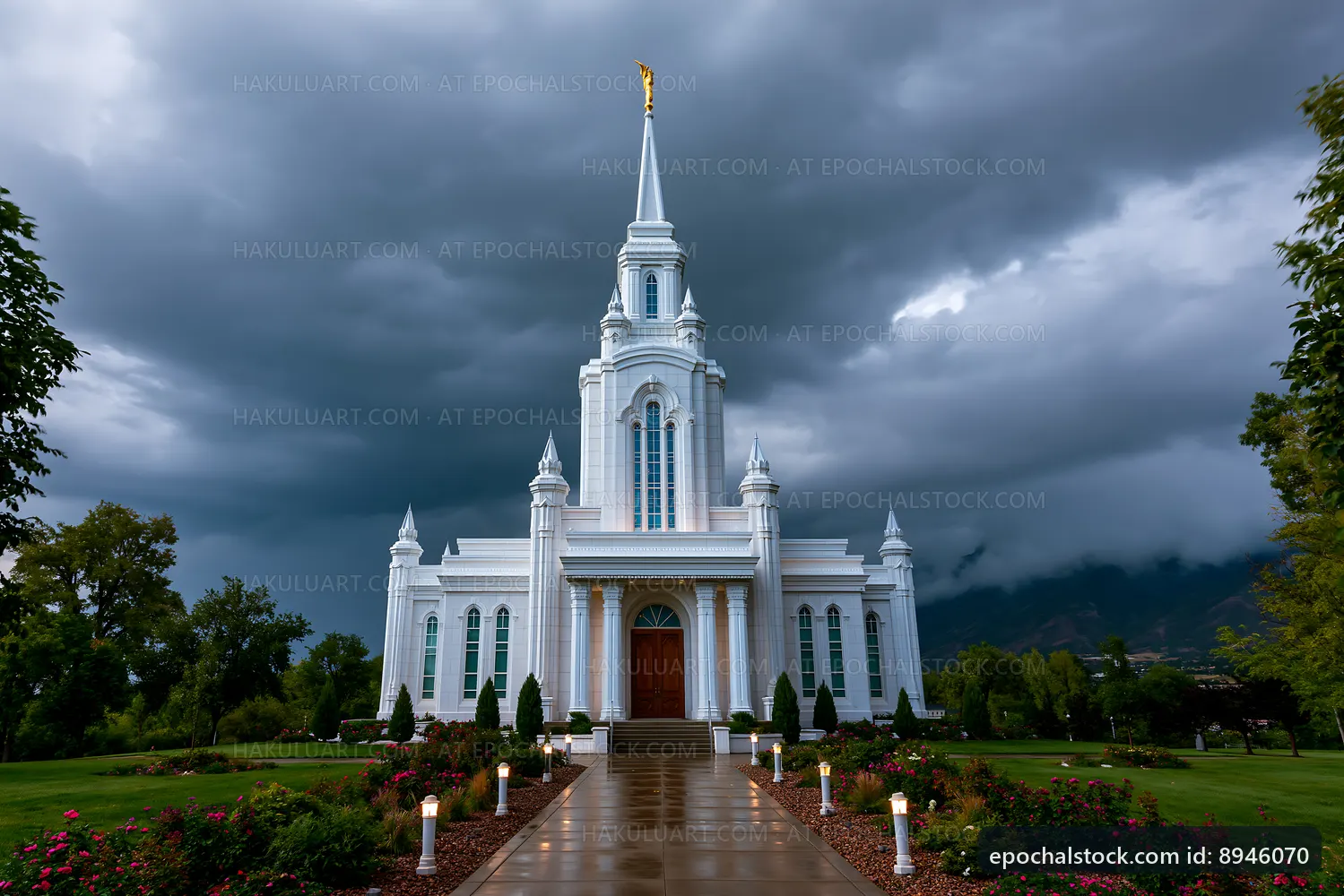 Modern church building under dark storm clouds
