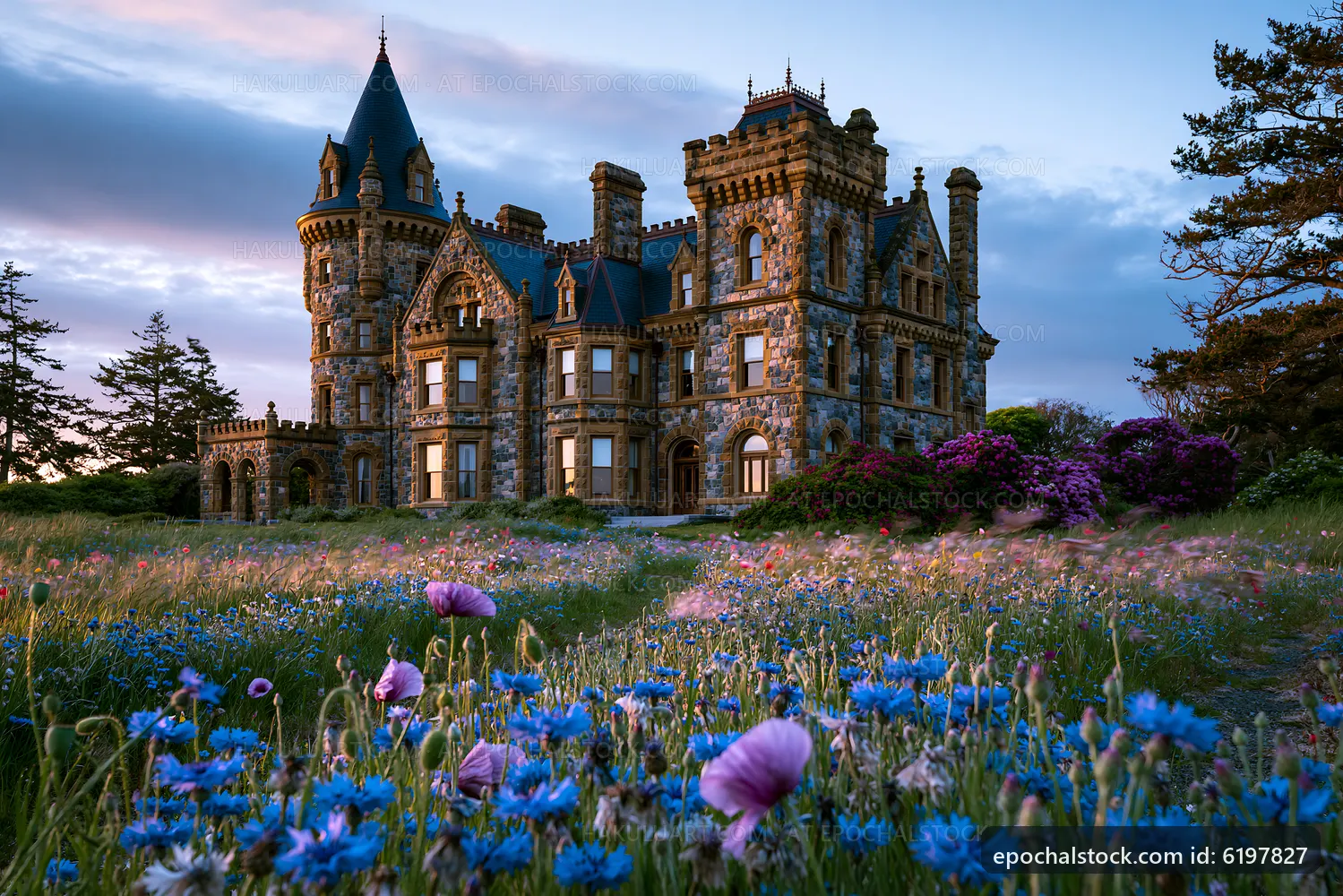 Historic stone mansion surrounded by colorful wildflowers