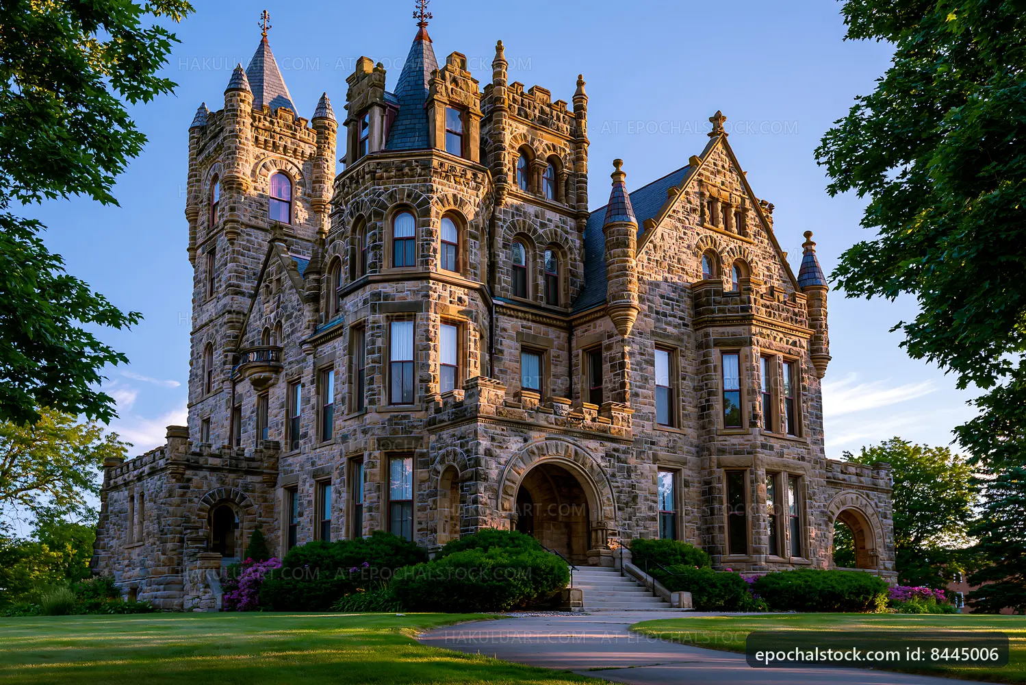 Historic mansion with stone architecture in warm evening light