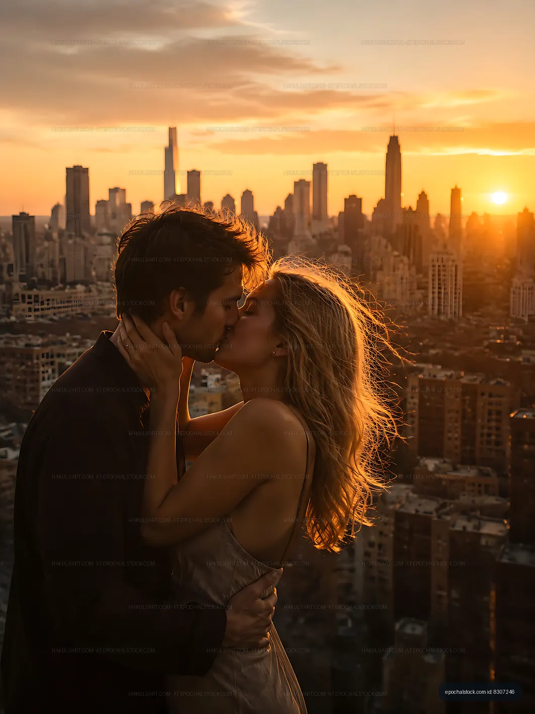 Couple sharing a kiss during sunset in a city skyline