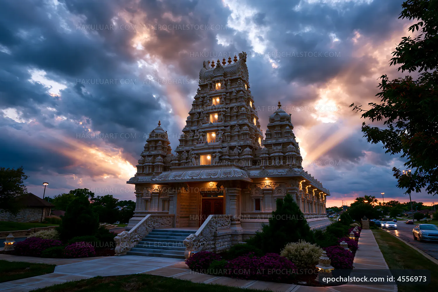 Beautiful temple structure under dramatic clouds at sunset