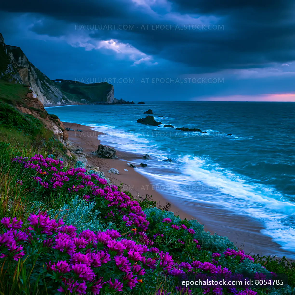 Coastal landscape with flowers and waves during cloudy evening