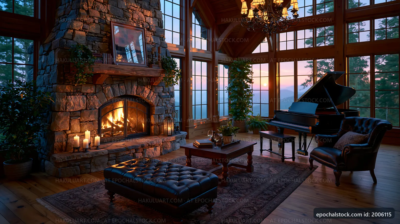 Cozy living room with fireplace and piano at sunset