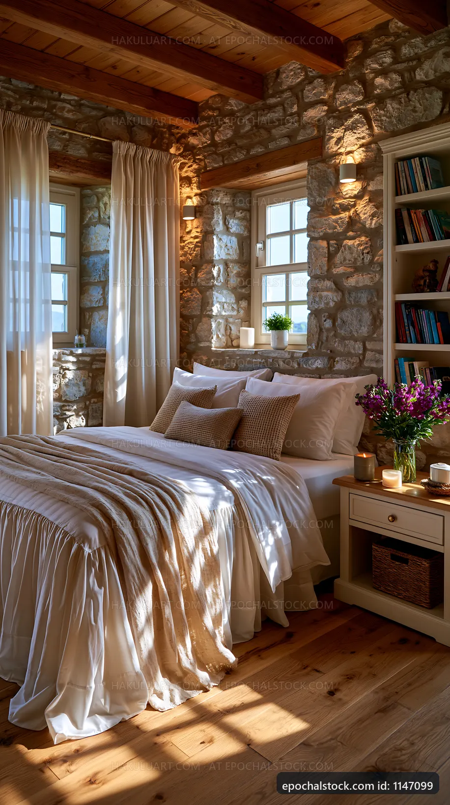Cozy bedroom with stone walls and natural light