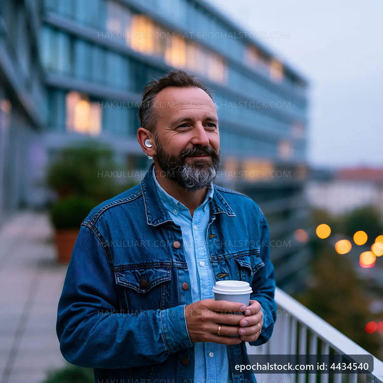 Man standing on balcony with coffee cup and earbuds at twilight