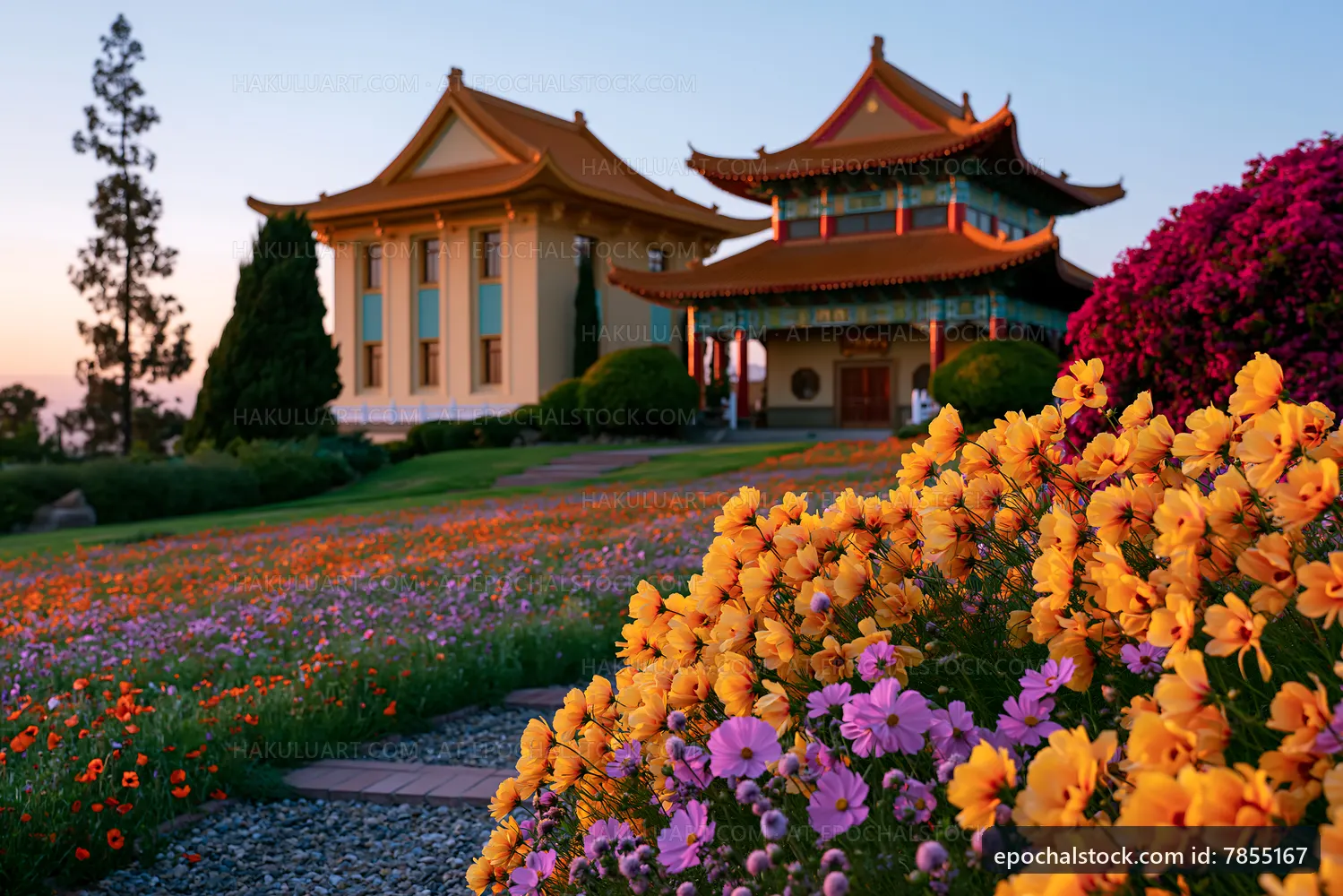 Colorful flowers in front of traditional buildings at sunset