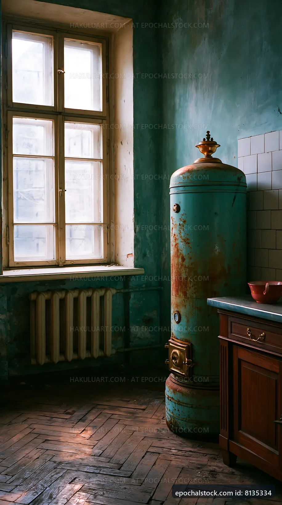 Old kitchen with vintage stove near window