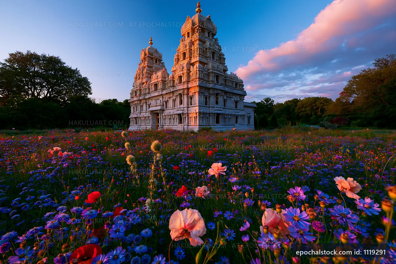 Temple surrounded by colorful flowers in a garden at sunset