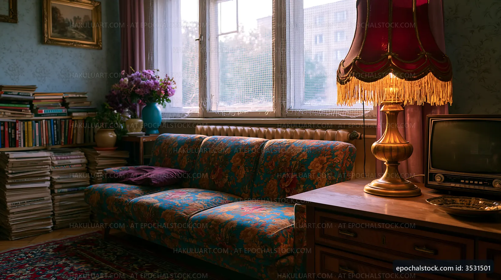 Cozy living room with vintage sofa and warm lighting