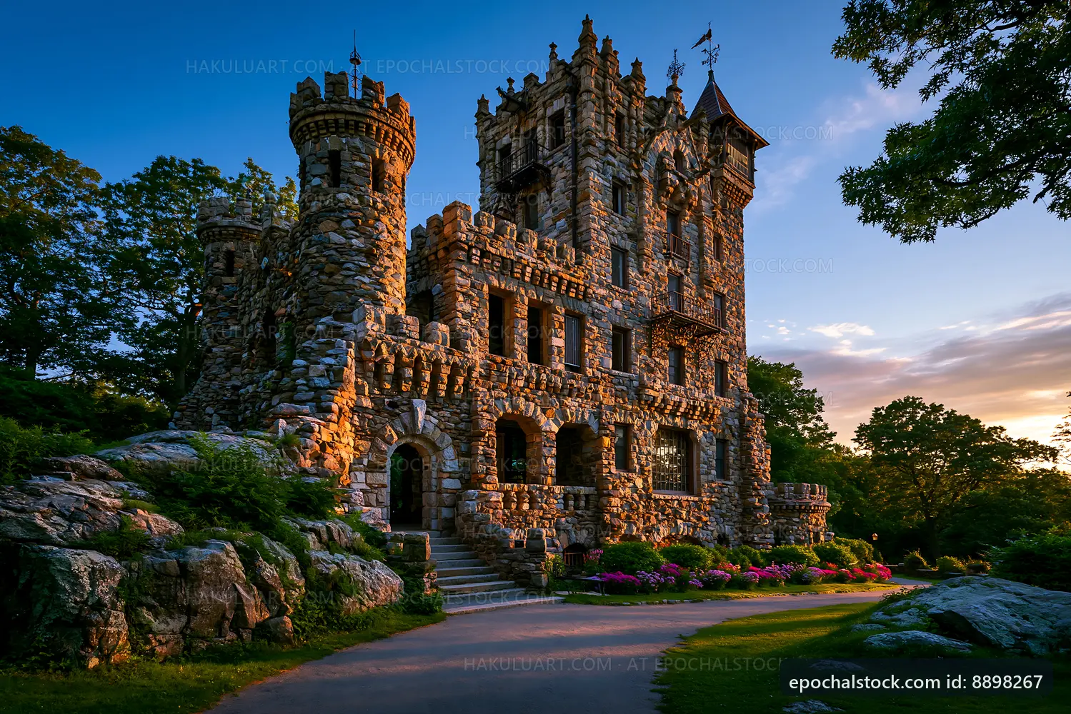 Stone castle surrounded by trees and flowers at sunset