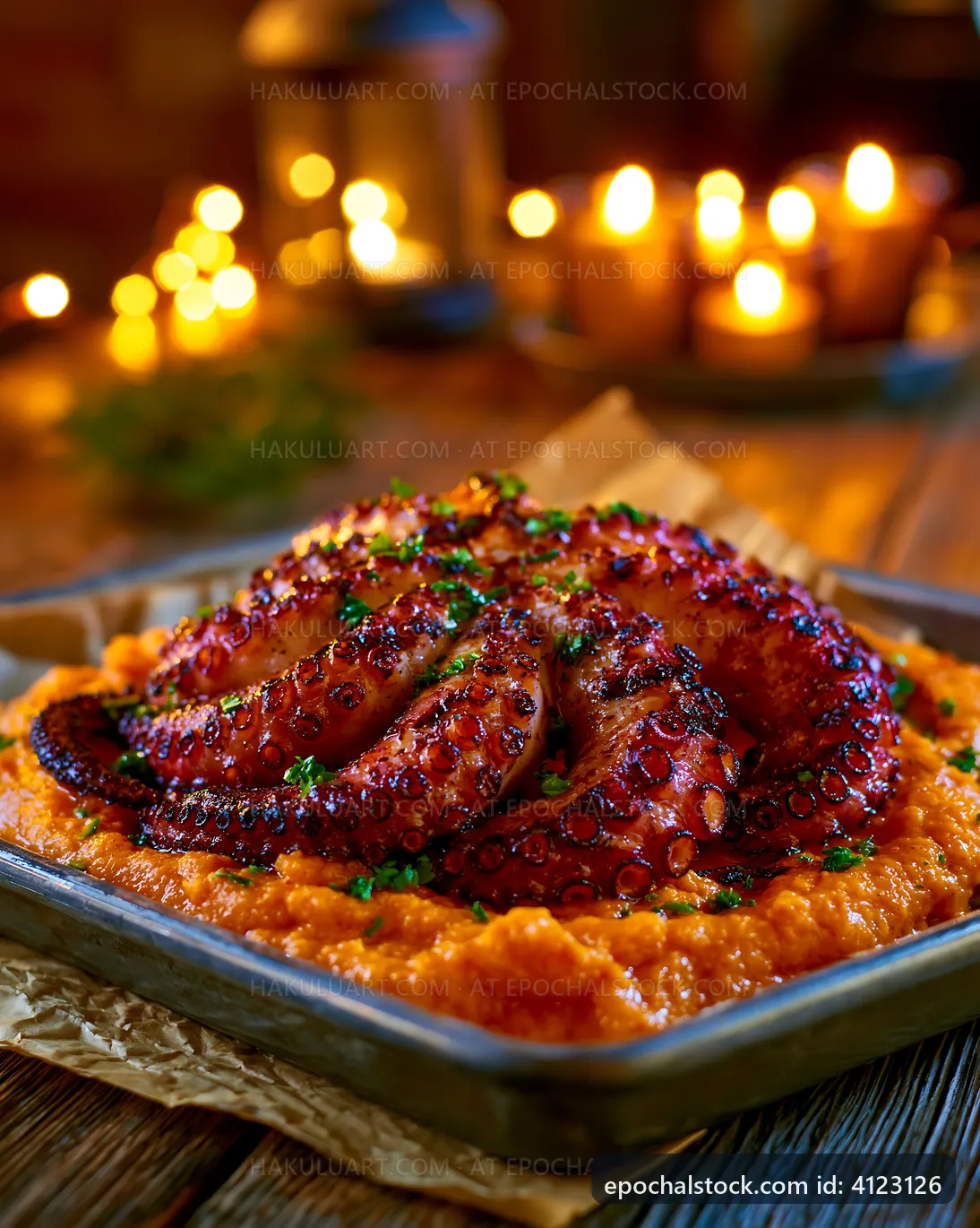 Grilled octopus served on a bed of creamy orange puree