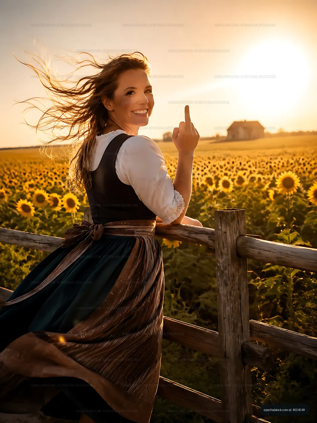 Woman standing by a fence in a sunflower field at sunset