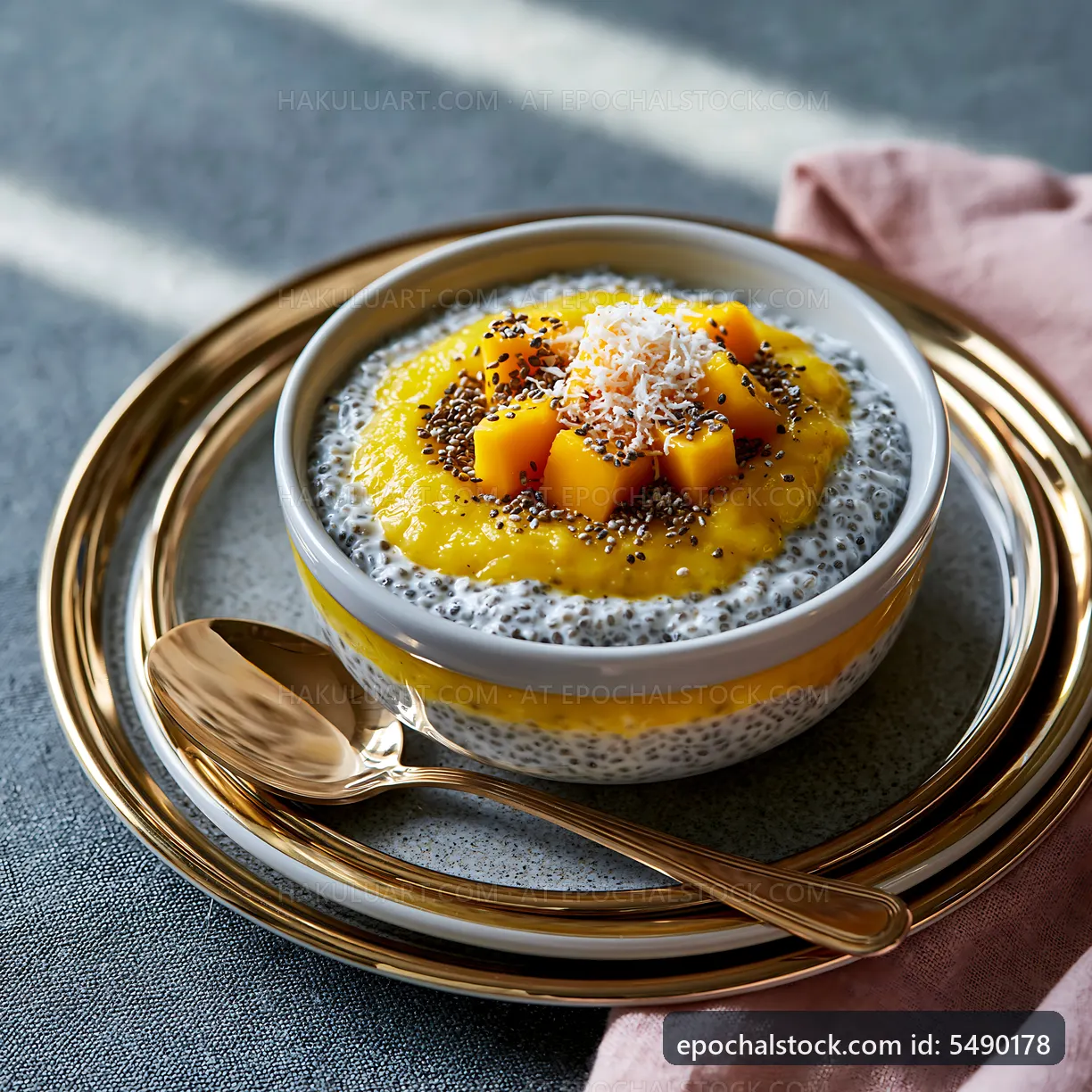 Chia pudding with mango and coconut served on a plate