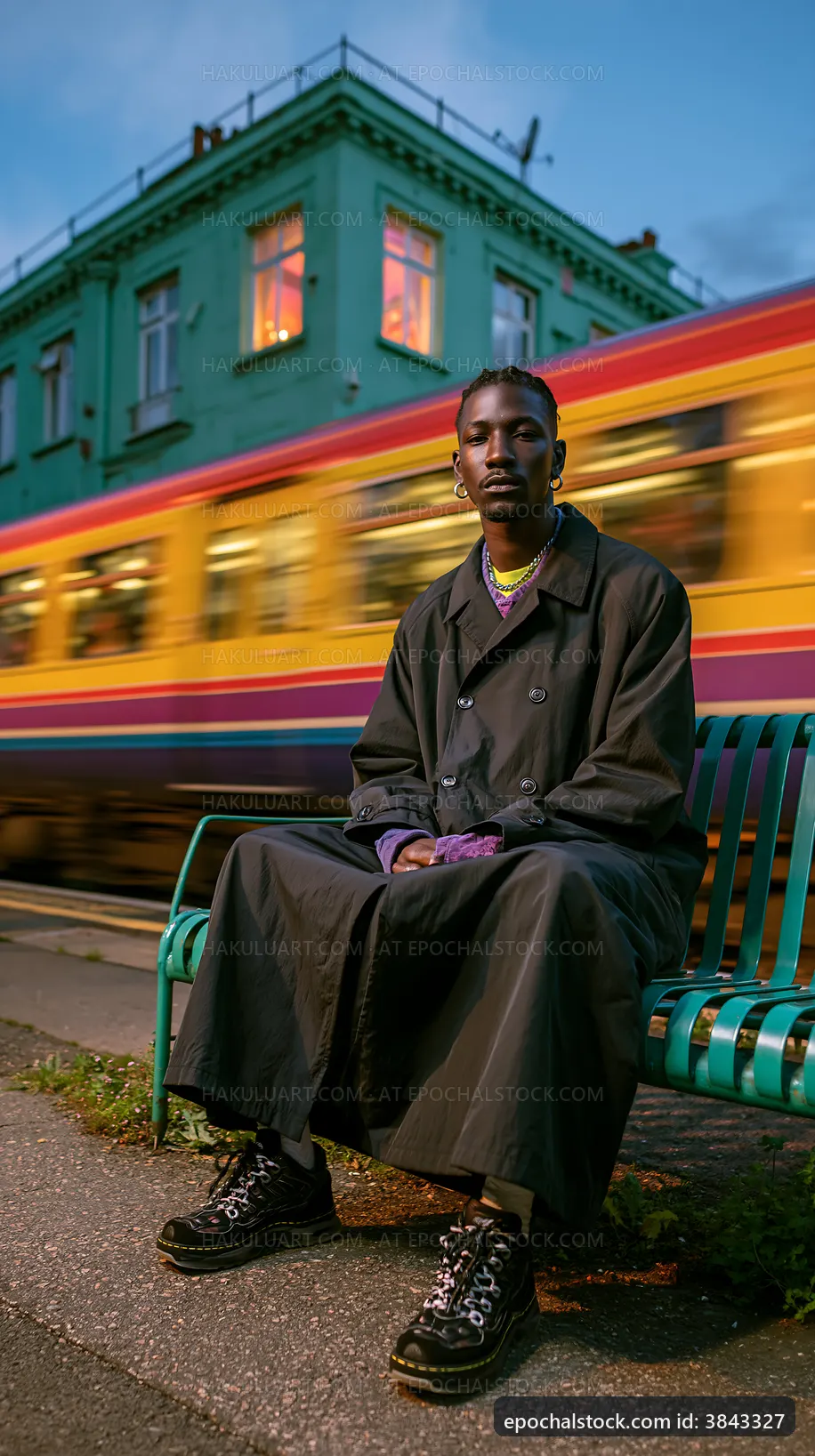 Person sits on bench with passing train in urban setting