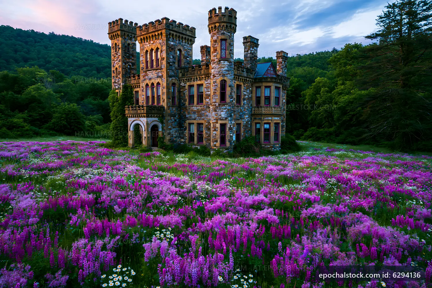 Historic stone castle surrounded by wildflowers at sunset