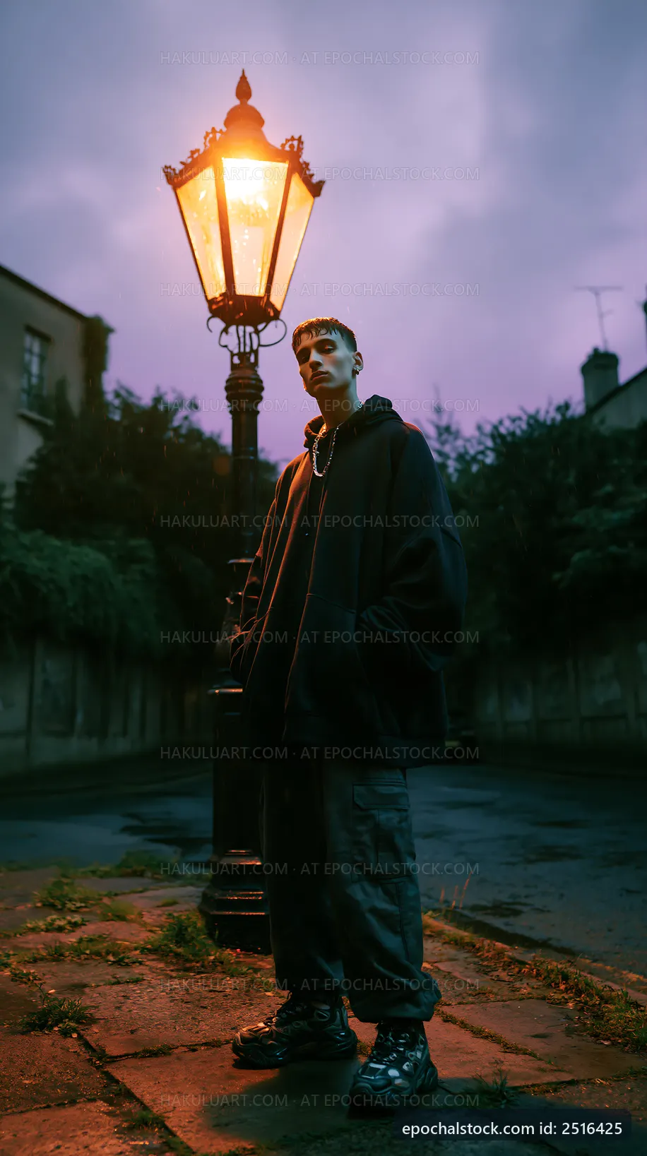Young man standing under a streetlamp at twilight