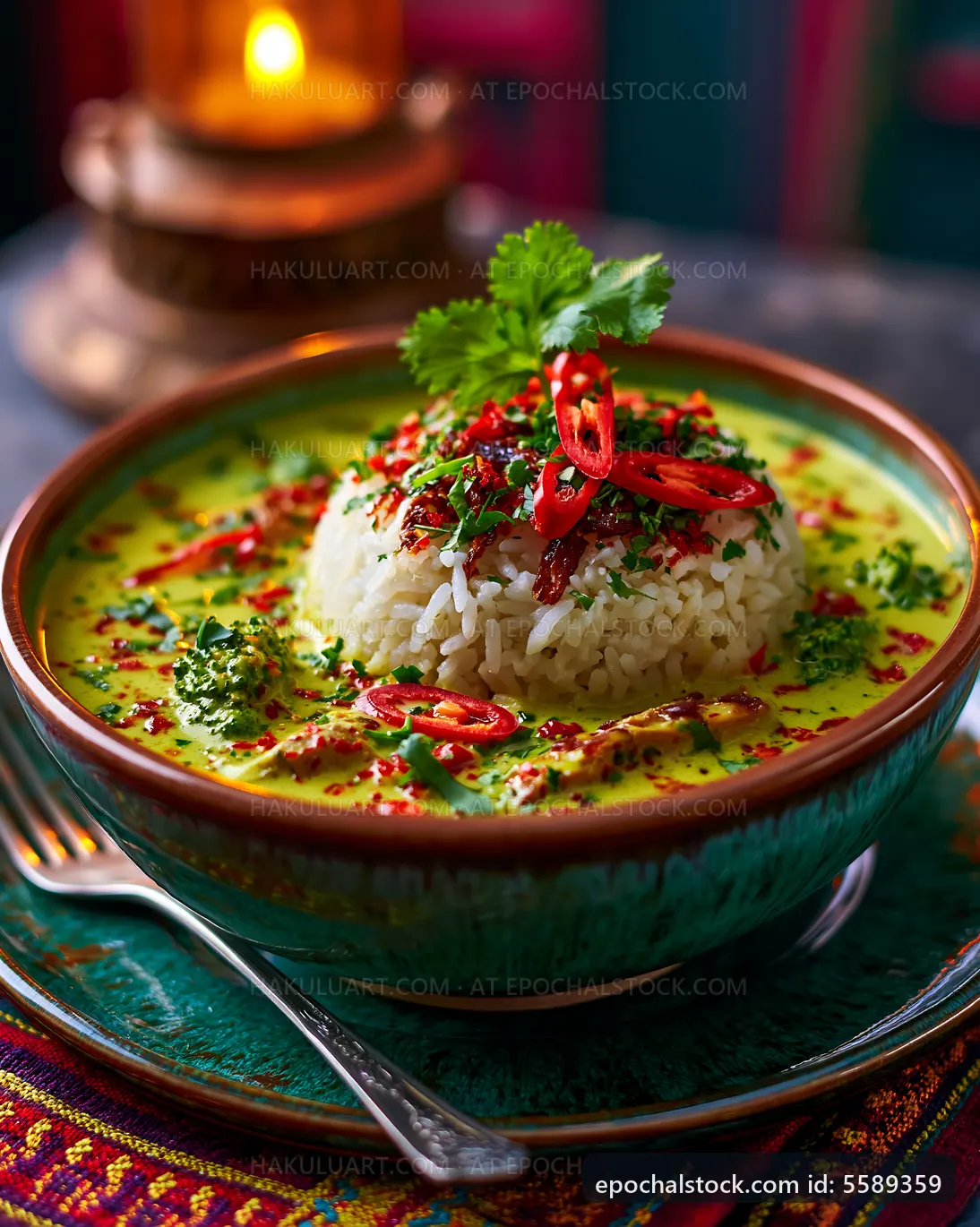 Delicious green curry with rice and fresh herbs in a bowl