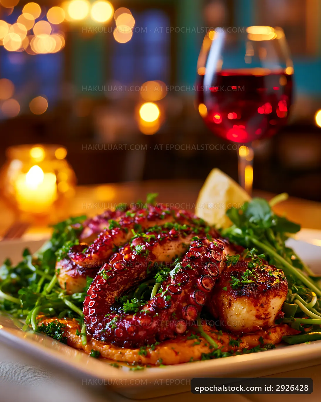 Grilled octopus with greens and wine in a restaurant setting