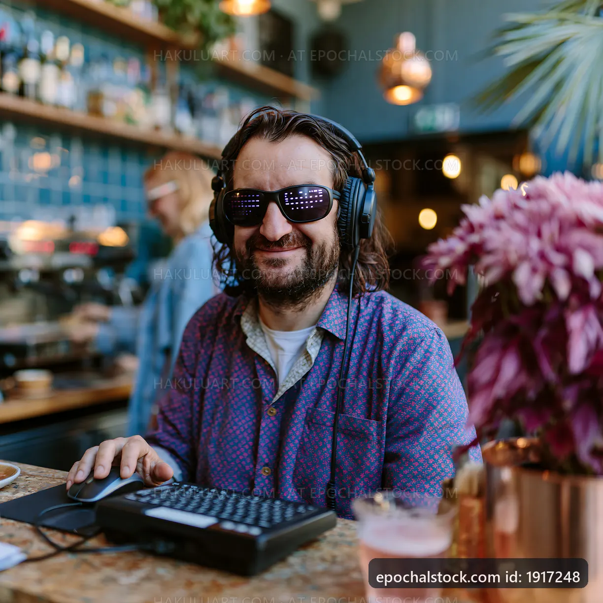 Man working on a computer in a cafe with headphones and sunglasses
