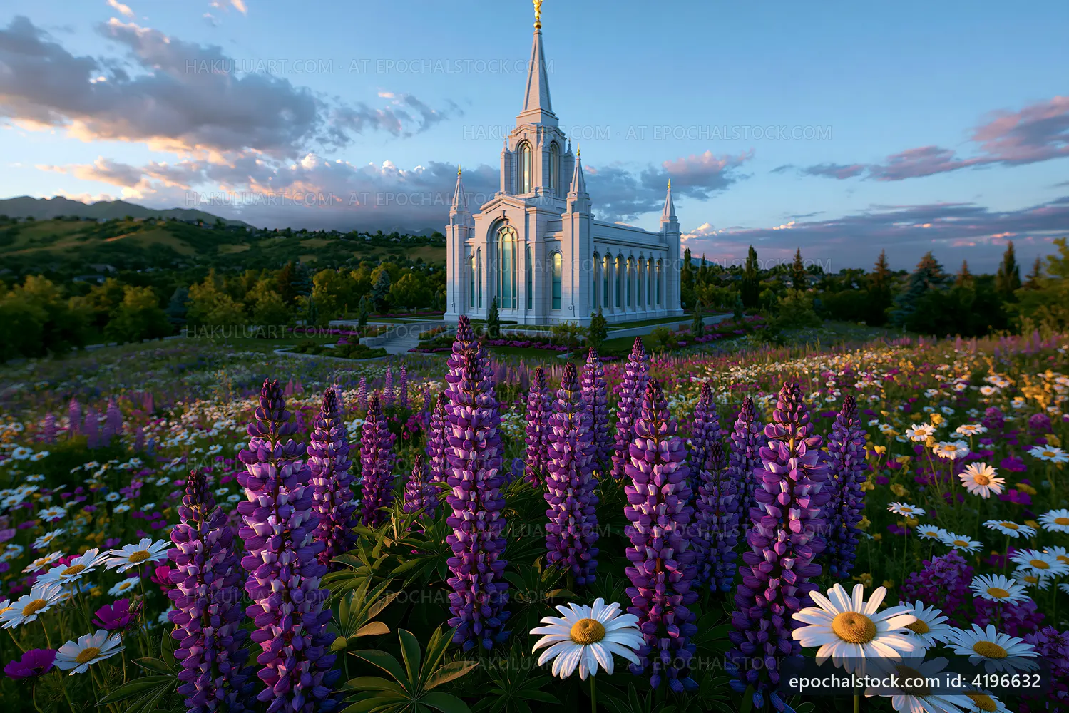 Flowers in bloom with temple and sunset in background