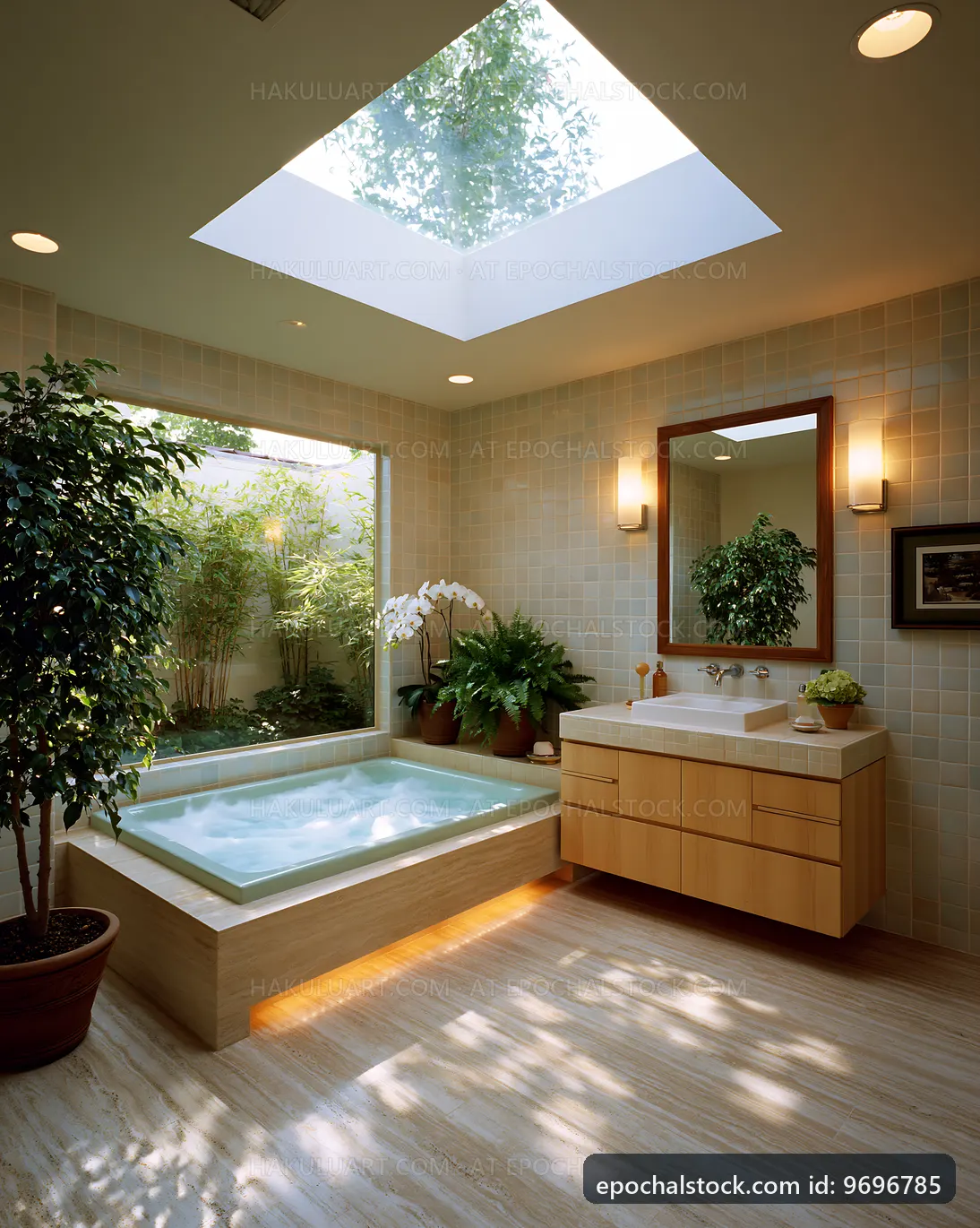 Modern bathroom with skylight and plants