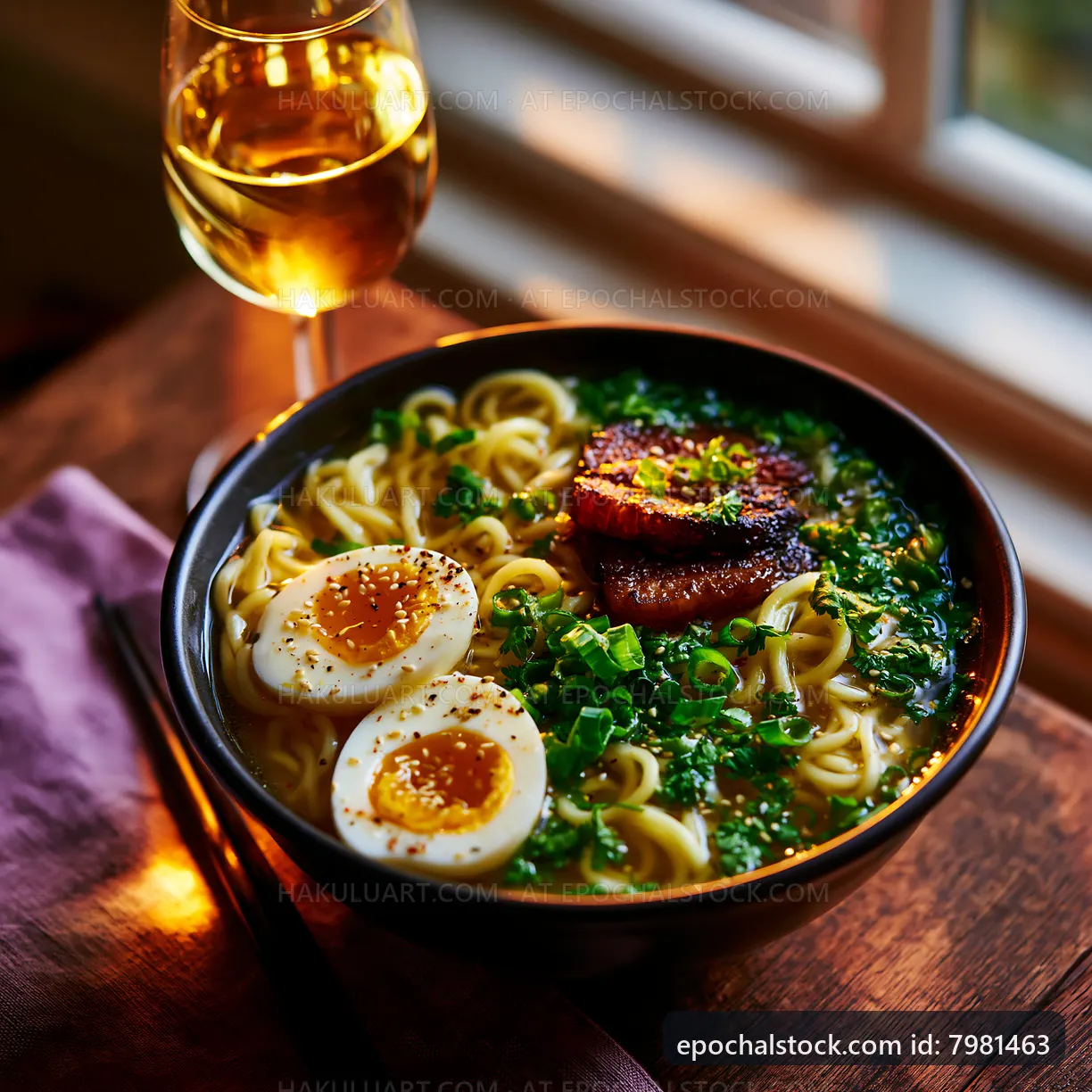 Delicious bowl of ramen with egg and wine on wooden table