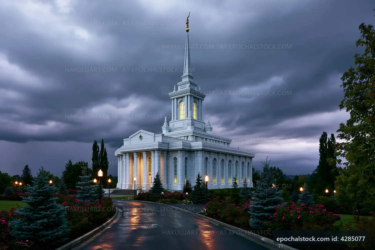 Modern church building under cloudy sky at dusk