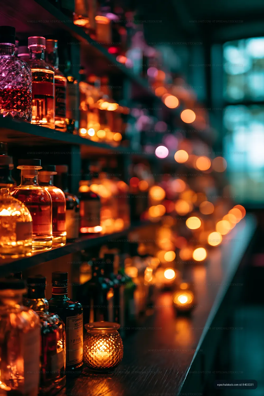 Warm amber lights from bottles on shelves in a cozy setting