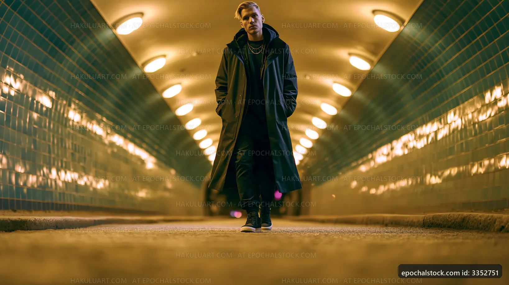 Person walking in an urban tunnel with blue tile walls