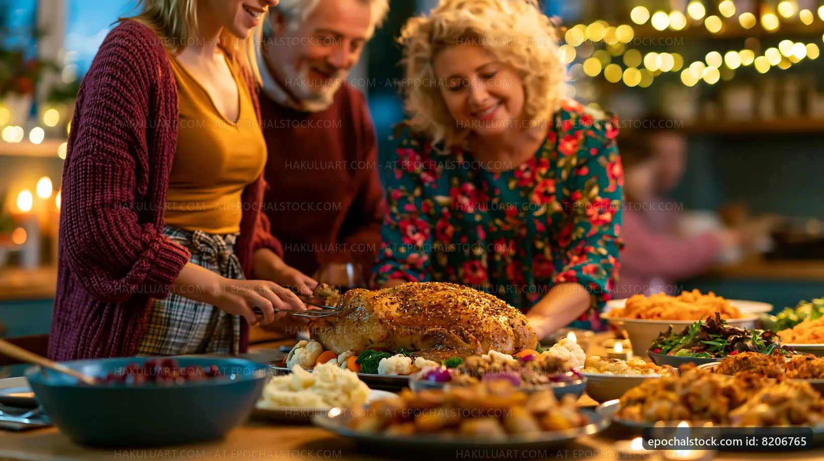 Friends gather around a festive table with a roasted turkey