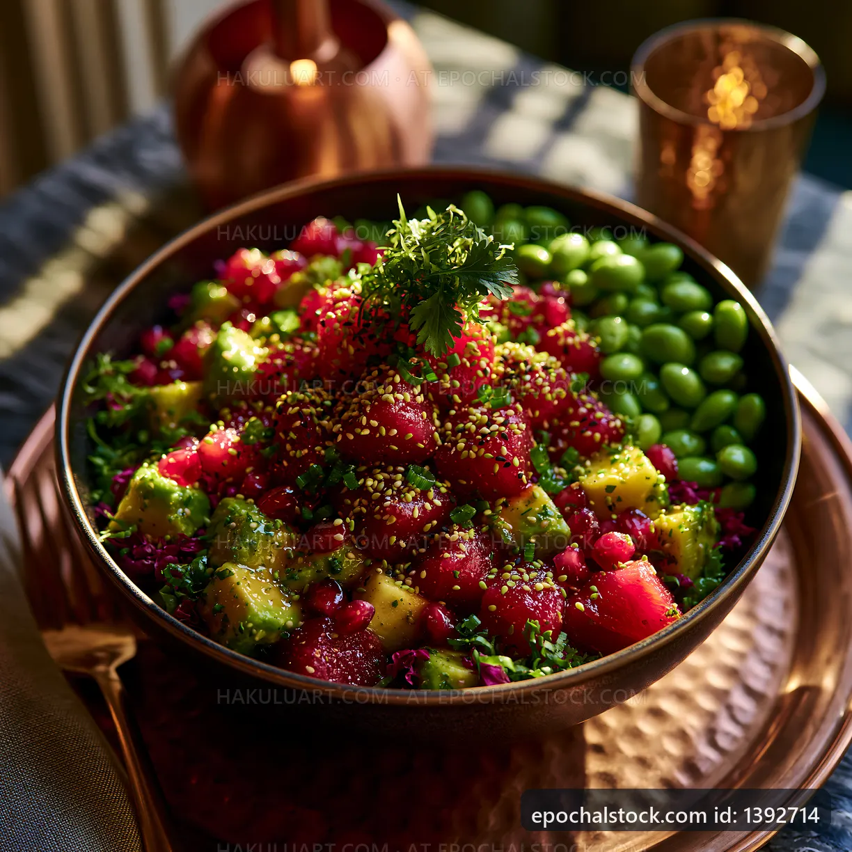 Fresh fruit and vegetable salad in a bowl on a table
