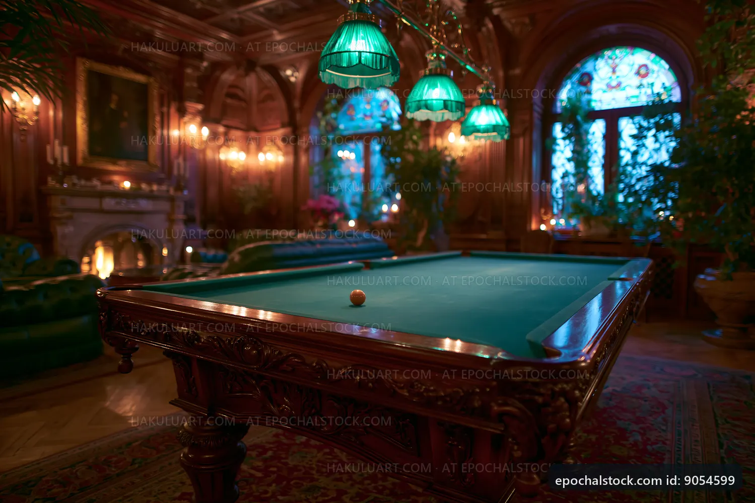 Elegant pool table in a vintage room with green lights