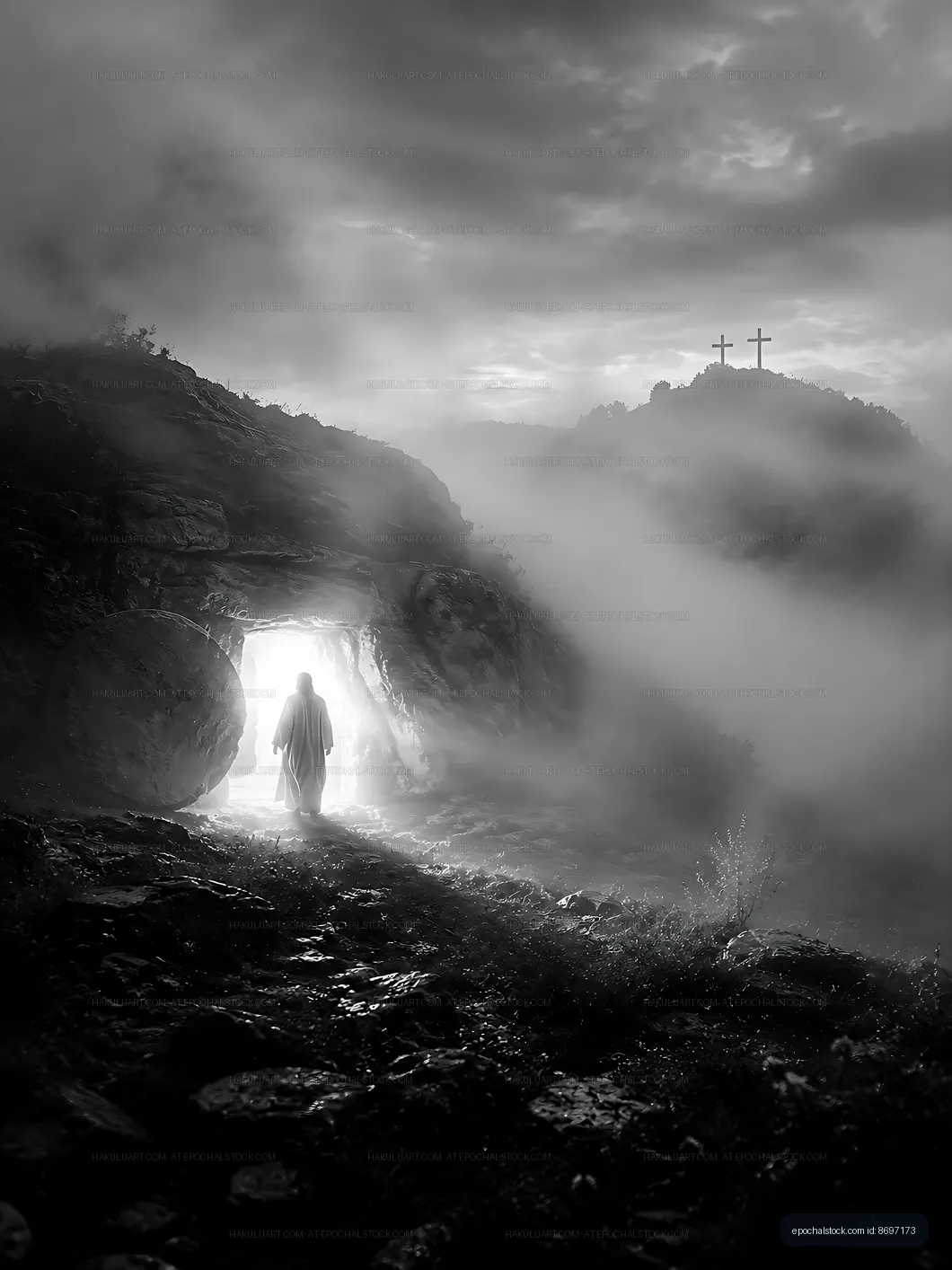 Mysterious figure emerges from cave in foggy landscape