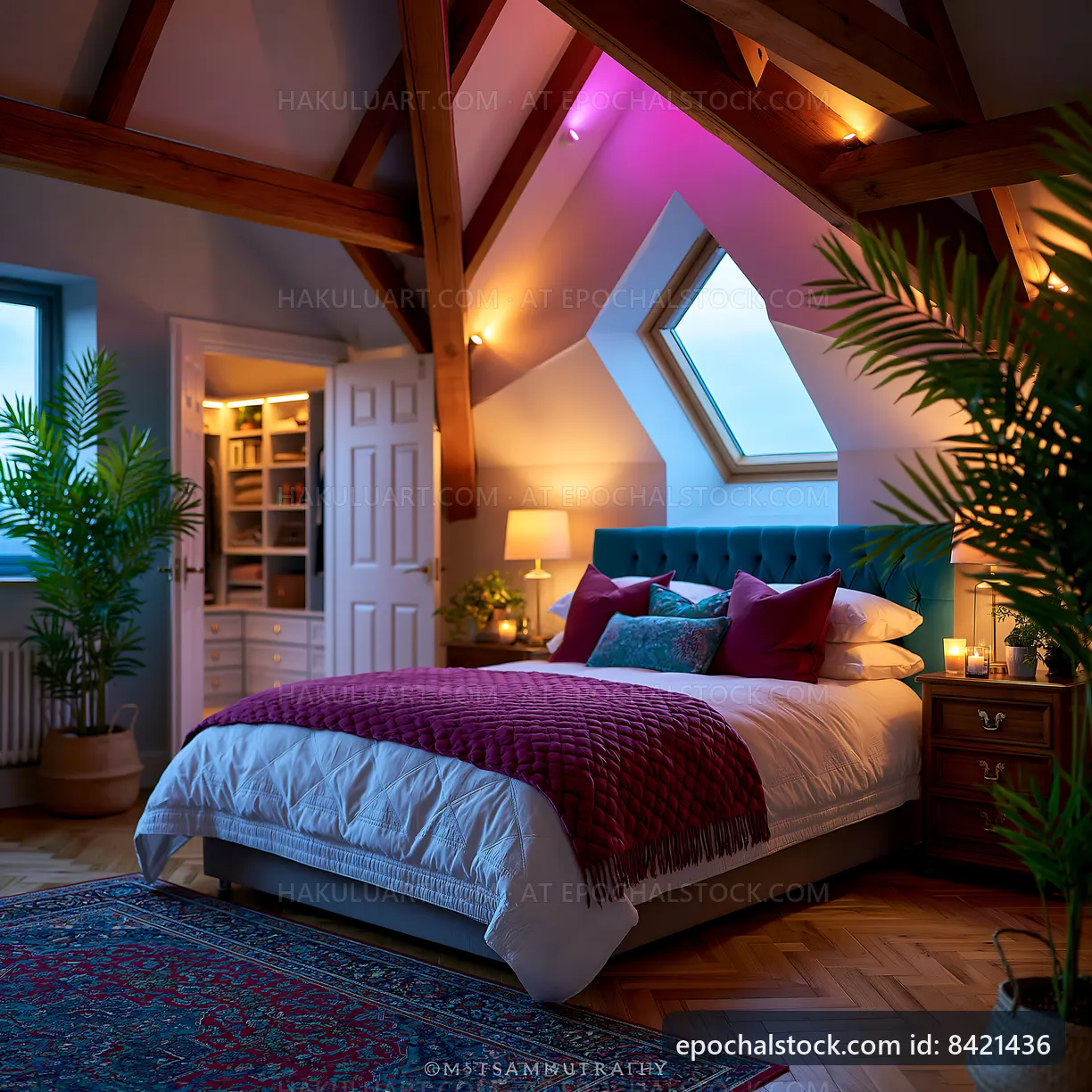 Cozy bedroom with wooden beams and warm lighting at night