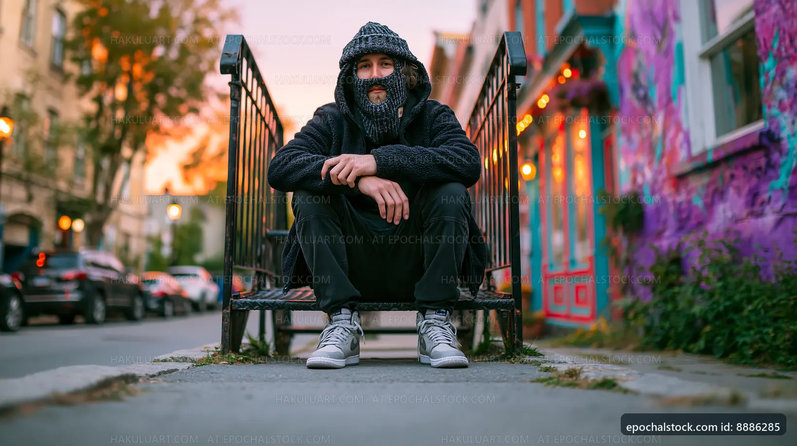Man sitting on a stairway in an urban environment at sunset