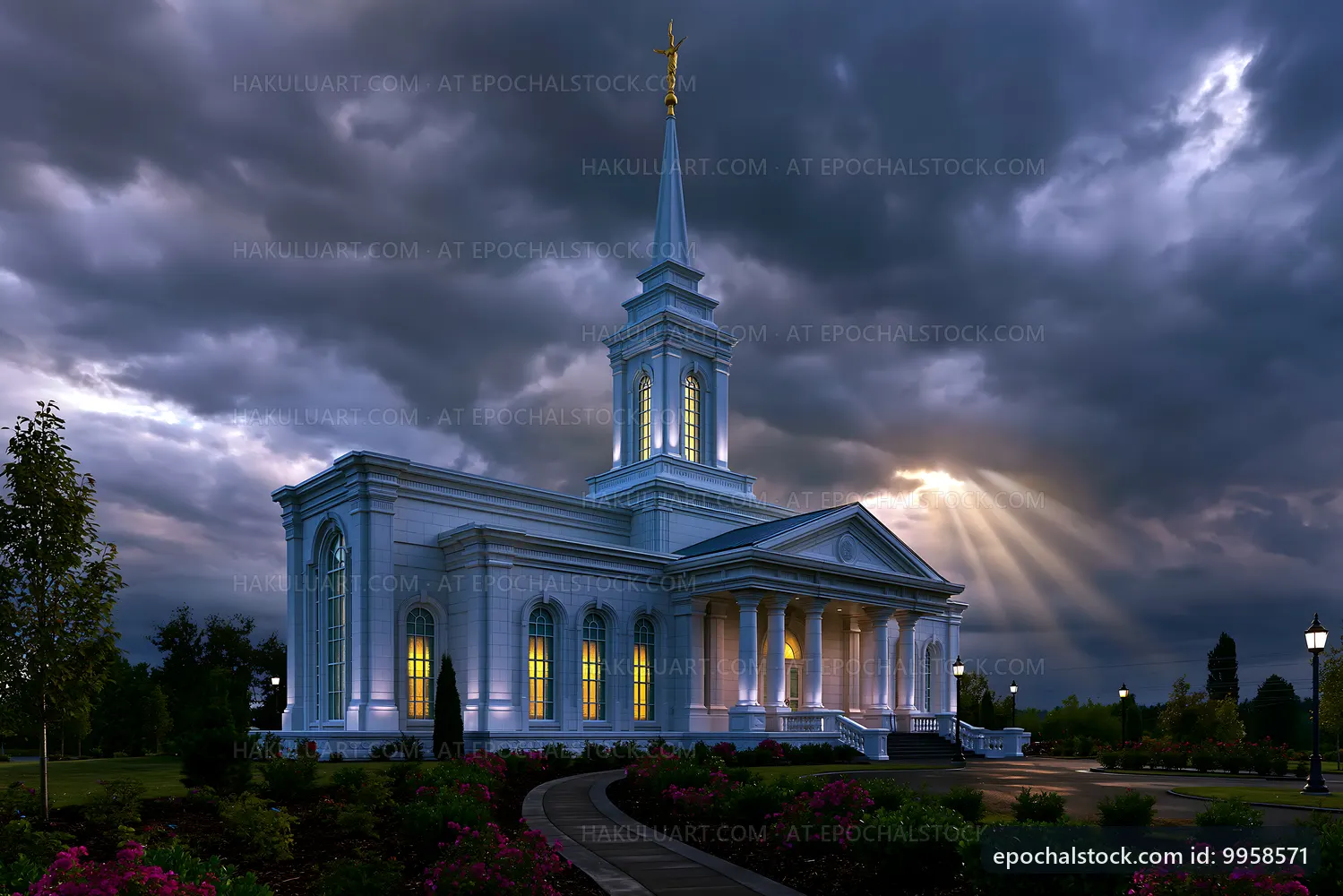 Church building with dramatic clouds and light rays at dusk